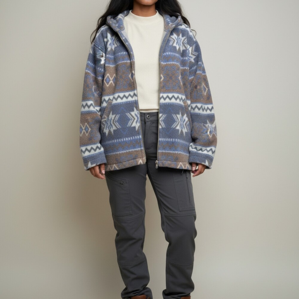Vintage NY 10018 Aztec Southwestern Fleece Full Zip Hoodie Womens L/XL Blue